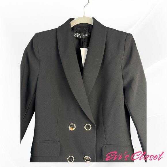 Zara Black Double Breasted Women's Blazer Dress Sz M Structured Shoulder & Pads - Picture 4 of 10